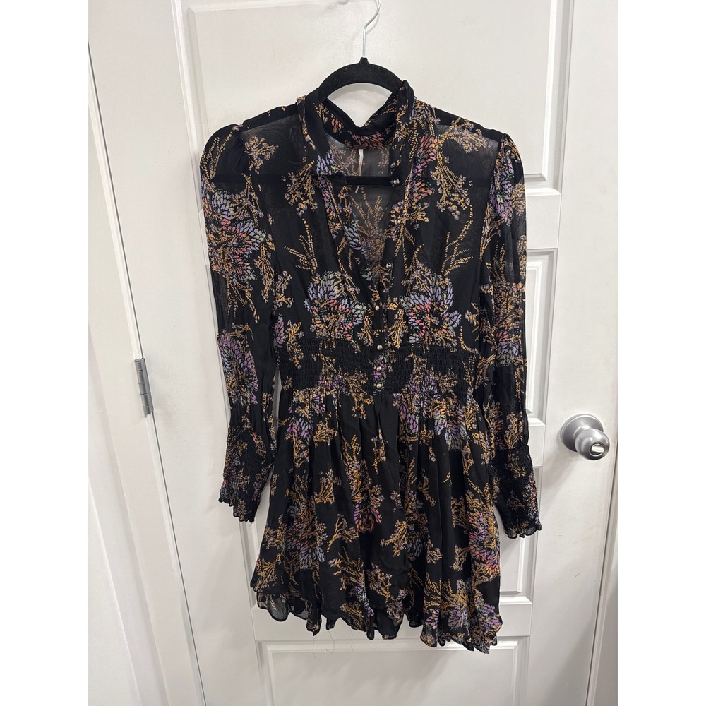Free People Floral Mini Dress Black Smocked Waist Boho Long Sleeve Small